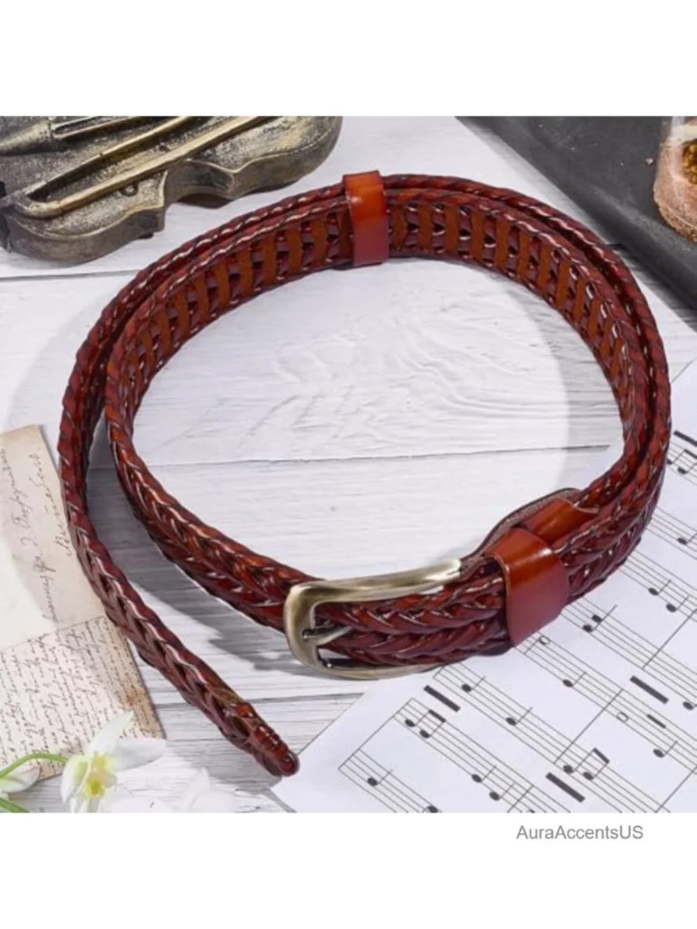 Genuine Leather Casual Woven Belt 1.36 Inch Wide Braided Waistband with Single